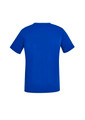 A blue women's scrub top with short sleeves and a V-neck design, featuring a logo on the back.