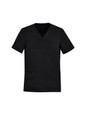 A black V-neck scrub top featuring short sleeves and multiple pockets, with a logo on the front.