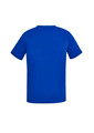 A blue men's V-neck scrub top featuring short sleeves and a smooth finish, with a logo on the back.