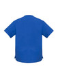 A blue unisex scrub top with short sleeves and a relaxed fit, featuring branding on the back.