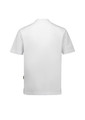 A white short-sleeved jacket featuring a simple design and a logo on the side.