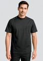 A men's black jacket features a stylish design with a pocket and button details on the shoulder. It has a logo.