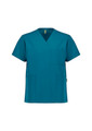 A turquoise unisex V-neck scrub top featuring short sleeves and multiple pockets. The top has a brand logo.