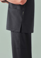 A unisex black V-neck scrub top featuring side slits and pockets, designed for comfort and functionality.