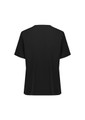A black V-neck scrub top with short sleeves and a simple design, featuring a logo on the back.