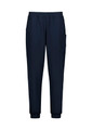 Navy jogger scrub pants featuring an elastic waistband and side pockets, with a logo on the side.