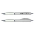 A plastic pen featuring a translucent design with a silver accent and a comfortable grip.