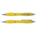 A translucent yellow pen with silver accents, featuring a clip and a smooth barrel design.