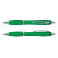 A translucent green plastic pen with a silver clip and trim, displayed from two angles.