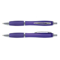 A translucent purple pen with silver accents, featuring a sleek design and a clip. Includes two views of the pen.