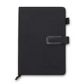 A black weekly diary with a clasp and a logo, featuring a simple and elegant design.