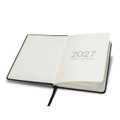 A5 weekly diary for 2027 in black, featuring blank pages and a placeholder ribbon.