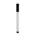 A whiteboard marker with a black cap and a cylindrical white barrel, featuring a logo on the body.