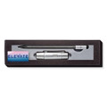 A pencil set featuring a metallic pencil and case, presented in a sleek black box with a branding logo.
