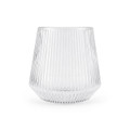 A clear, ribbed glass tumbler with a wide base and flared shape. It features a subtle logo on the surface.