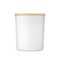 A white ceramic container with a bamboo lid, featuring a minimalist design and a logo on the side.