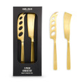 A cheese set featuring two stainless steel knives with a gold finish, presented in a black box.