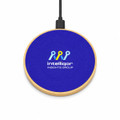 A circular wireless charger in blue with a wooden base and a logo on the surface.