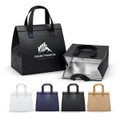 A black cooler bag with an insulated interior and sturdy handles, alongside options in white, navy, and brown.