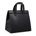 A black cooler bag with sturdy handles and a structured design, featuring embossed detailing and a smooth finish.