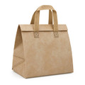 A tan cooler bag with two sturdy handles and decorative stitching, featuring a logo on the front.