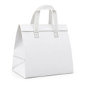 A white cooler bag with sturdy handles and a structured design, featuring a logo on the front.