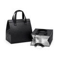 A black cooler bag with handles, featuring an insulated silver interior and a foldable design. It has a logo on it.