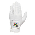A white golf glove featuring perforations for breathability and a branded patch.