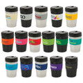 A collection of various drink bottles, featuring black lids and bases, with different coloured bodies and designs.