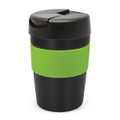 A drink bottle featuring a black body with a green silicone grip and a black lid, designed for a capacity of 340ml.