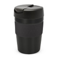 A drink bottle with a black lid and a textured grip band, featuring a sleek design. The capacity is 340ml.