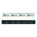 A white and black flip ruler featuring tech support and health & beauty branding in multi-coloured text.