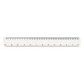 A transparent ruler with metric and imperial measurements, featuring a branded logo on one side.