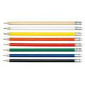 A collection of eight pencils in various colours: red, yellow, green, blue, black, and white, with silver ferrules.