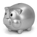 A silver piggy bank with a friendly face, featuring a slot on top for coins and four short legs.