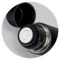 A drink bottle featuring a black exterior with a silver interior and a screw-on lid. The bottle has a logo.