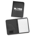 A black portfolio featuring a logo, with an interior pocket and a lined notepad.
