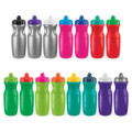 A drink bottle collection featuring silver, red, pink, green, purple, and other bright colours, all with caps and logos.