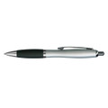 A metallic pen with a silver body and a black grip, featuring a clip and a logo.