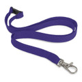 A custom printed lanyard in purple, featuring a silver clip and a plastic buckle.