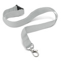 A grey custom printed lanyard, 16mm wide, featuring a clip and a secure release mechanism.