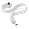 A white lanyard with a metal clip and a breakaway buckle. The lanyard measures 16mm in width and features a flat design.