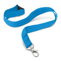 A bright blue custom printed lanyard made of durable material with a clip attachment.