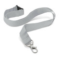 A custom printed lanyard, 20mm wide, featuring a light gray color and a metal clip for attachment.