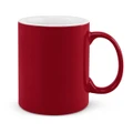 A red coffee mug with a glossy finish and a sturdy handle.