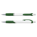 A plastic pen with a white barrel and green accents, featuring a grip and clip. Some branding is visible.