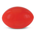 A red stress rugby ball designed for fun and relaxation, shaped like a traditional rugby ball.