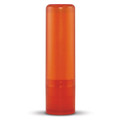 An orange lip balm tube with a transparent design and a twist-up applicator. It features a logo.