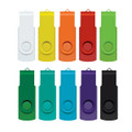 A collection of ten Helix 4GB flash drives in various colours: white, yellow, orange, red, green, dark green, teal, blue, purple, and black.