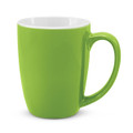 A green coffee mug with a glossy finish and a contrasting white interior. It features a sturdy handle and a sleek design.